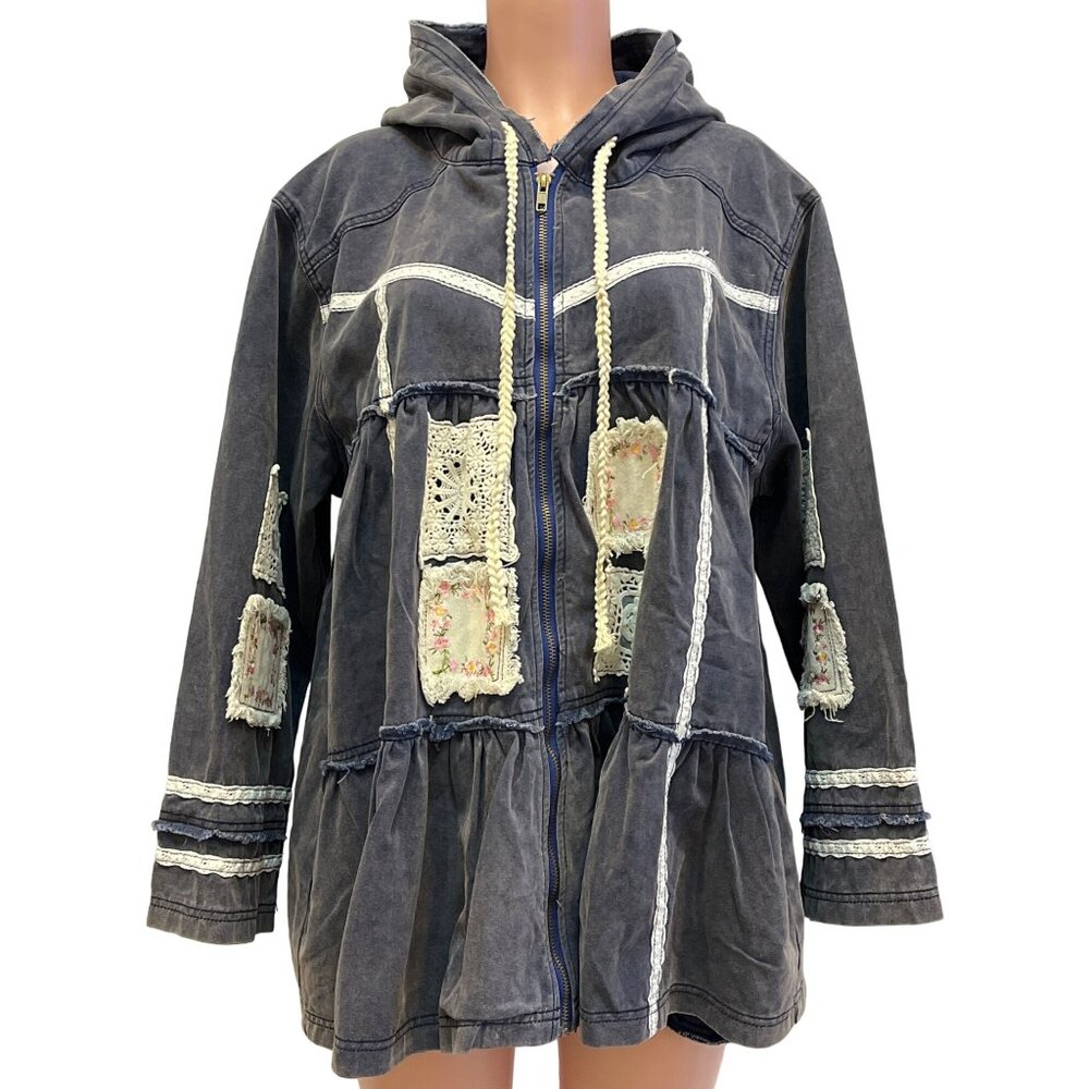 Z-1. POL Clothing Vintage Washed Embroidered Patch Flared Jacket Antique Navy - Picture 6 of 10